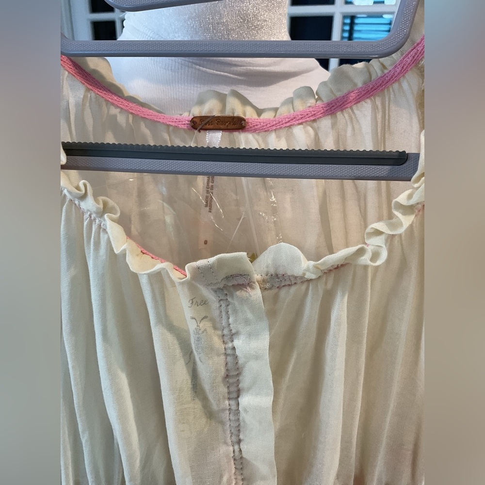 NWT Free People Cream Gauze Empire Waist Tunic Blouse – Pink & Green Ribbon - Picture 9 of 16